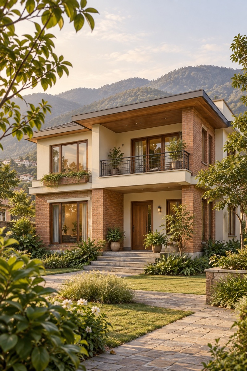Illustrative contemporary brick and plaster family home with a landscaped courtyard
